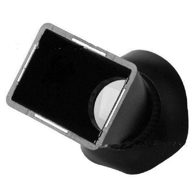Black camera framing amplifier viewfinder attached to DSLR camera showing LCD screen magnification