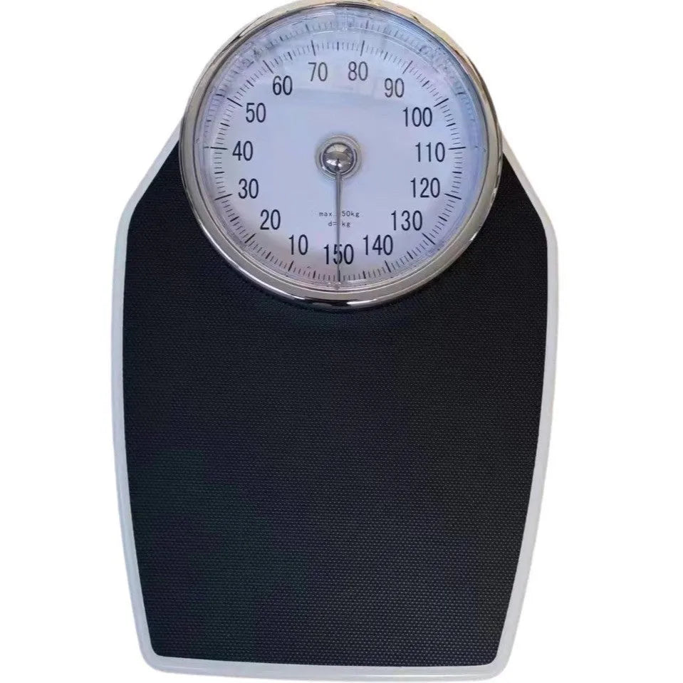 Black mechanical bathroom scale with large analogue dial on 47x35cm platform.