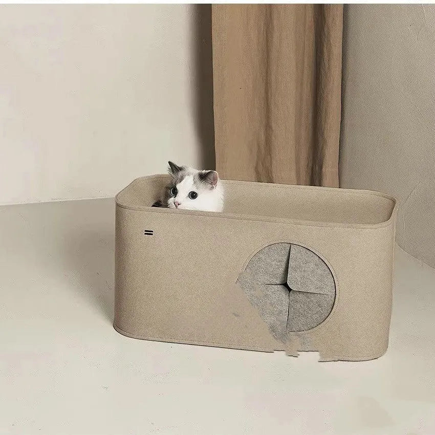 Grey foldable felt cat nest bed with raised sides, shown next to a khaki one in a larger size.