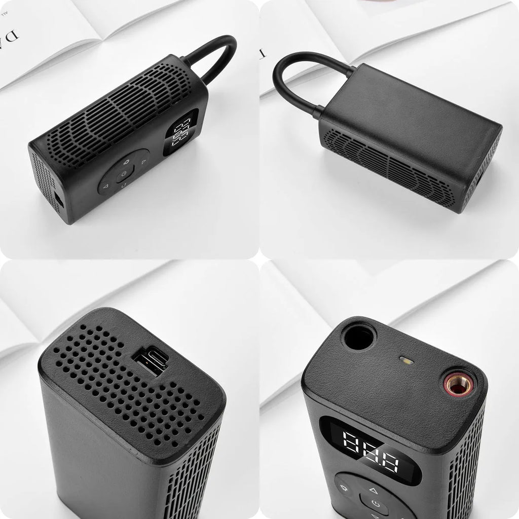 Black cuboid electric air compressor power bank with USB port and 16cm tube for car and motorcycle tyres