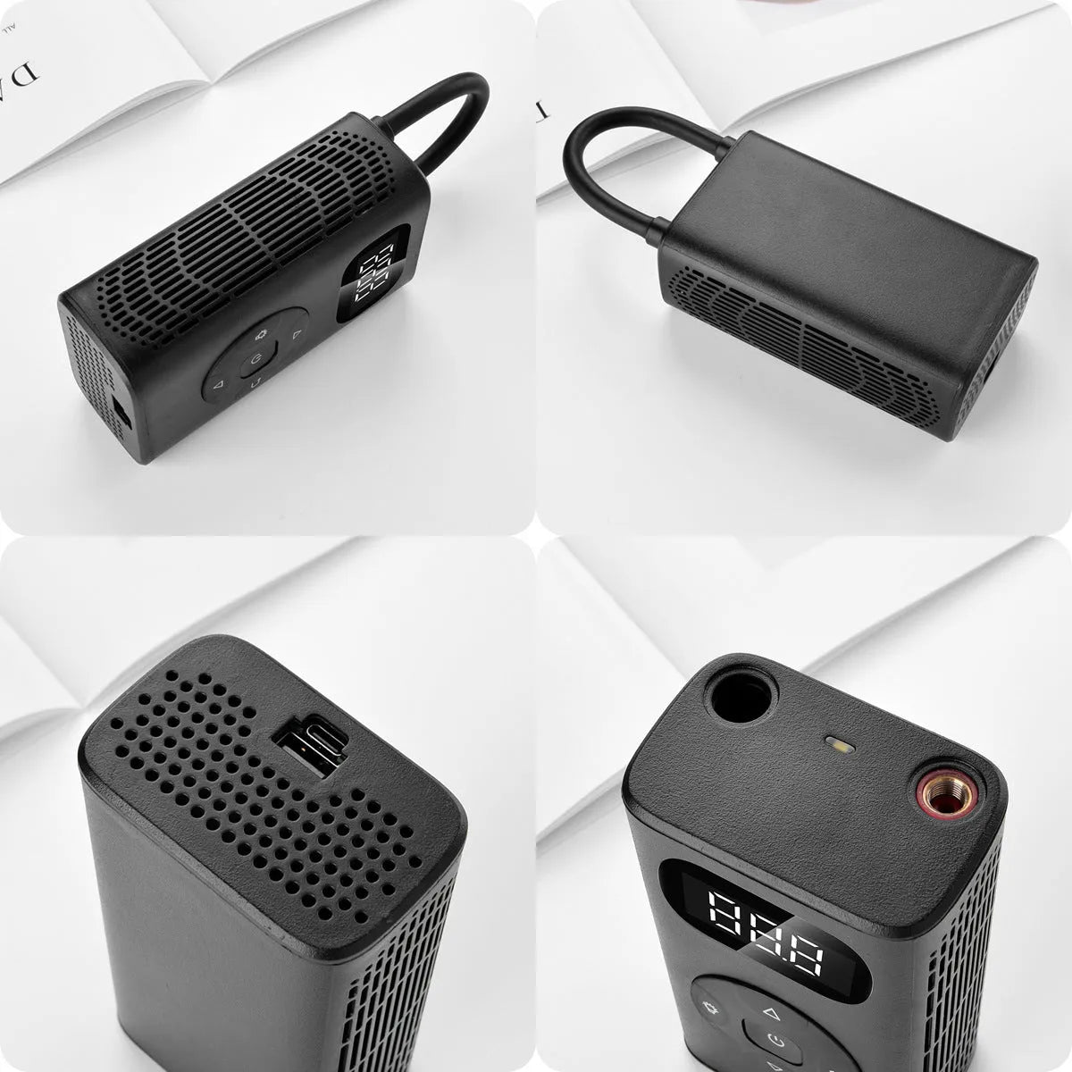 Black cuboid electric air compressor power bank with USB port and 16cm tube for car and motorcycle tyres