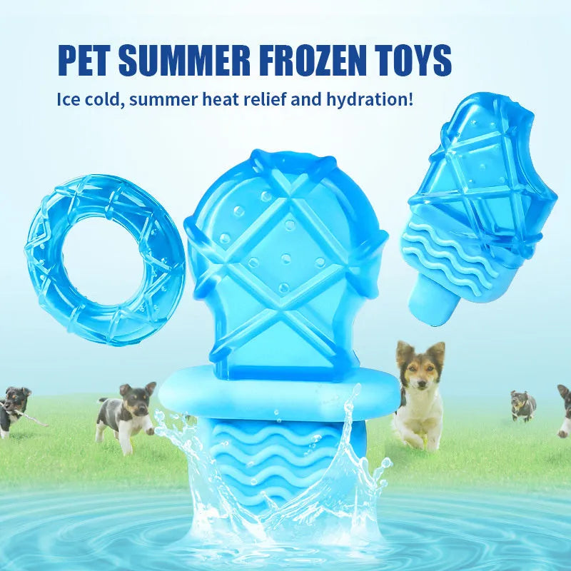 Three water filled dog toys: pacifier, popsicle, and ring shapes for cooling and teething