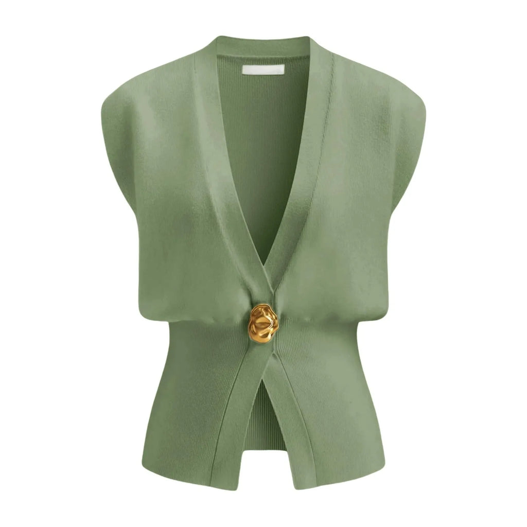 Women's loose V-neck button cardigan in a knitted fabric, shown in one of six available colours.