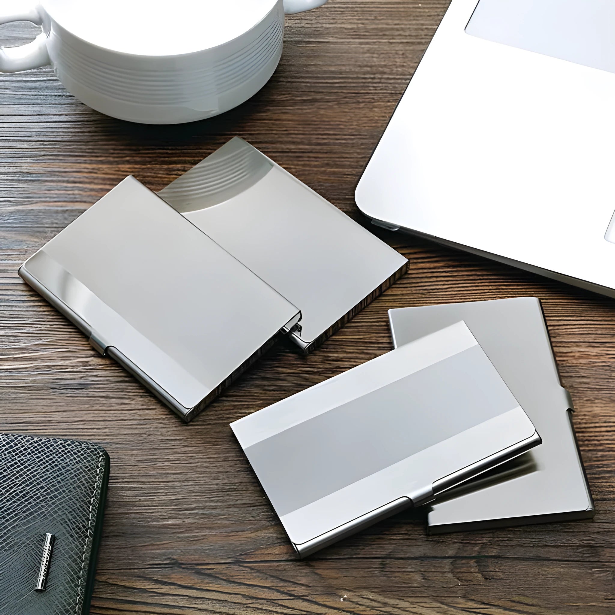 304 stainless steel business card case with laser sculpture geometry, mirror strip, and brush finish measuring 92.5mm