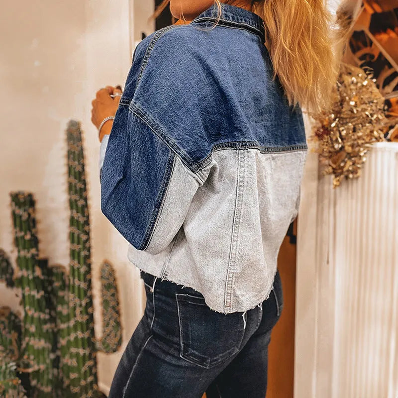 Women's loose fit denim coat with row of buckles front fastening in cotton fabric