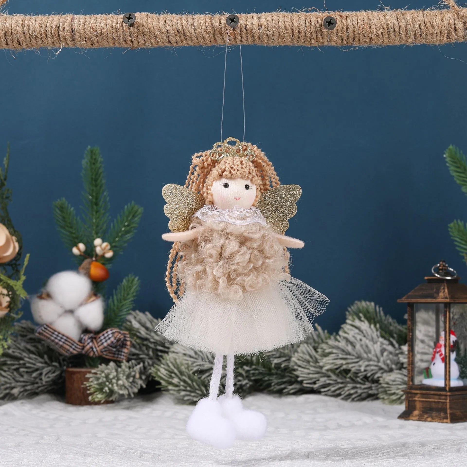 Christmas angel girl fabric pendant with crown design for high ponytail hairstyles in white, pink, or khaki colour