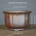 Purple sand ceramic flower pot with antique carved wood burning decoration