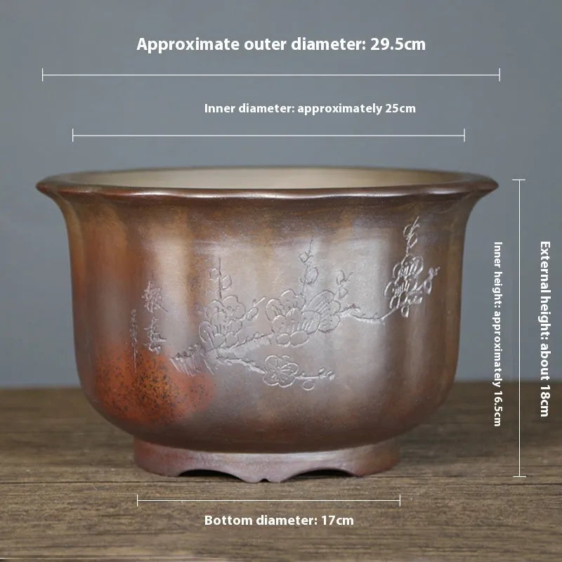Purple sand ceramic flower pot with antique carved wood burning decoration