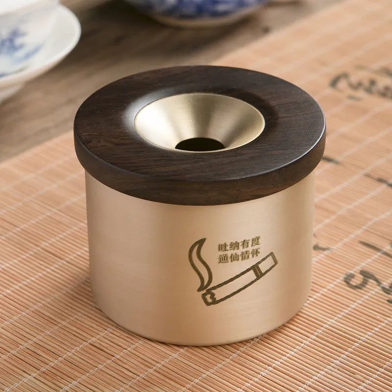 Creative retro brass ashtray with pure copper body and black or rosewood wooden lid featuring a central hole
