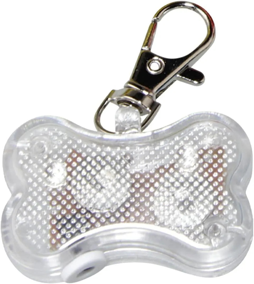 Blue LED bone-shaped luminous pendant attached to a dog collar with three lighting mode options