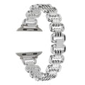 Silver alloy metal replacement bracelet for an Apple Watch, shown alongside black, gold, rose gold, and Starlight colour options.