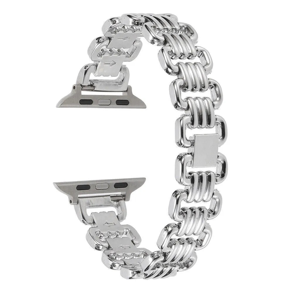 Silver alloy metal replacement bracelet for an Apple Watch, shown alongside black, gold, rose gold, and Starlight colour options.