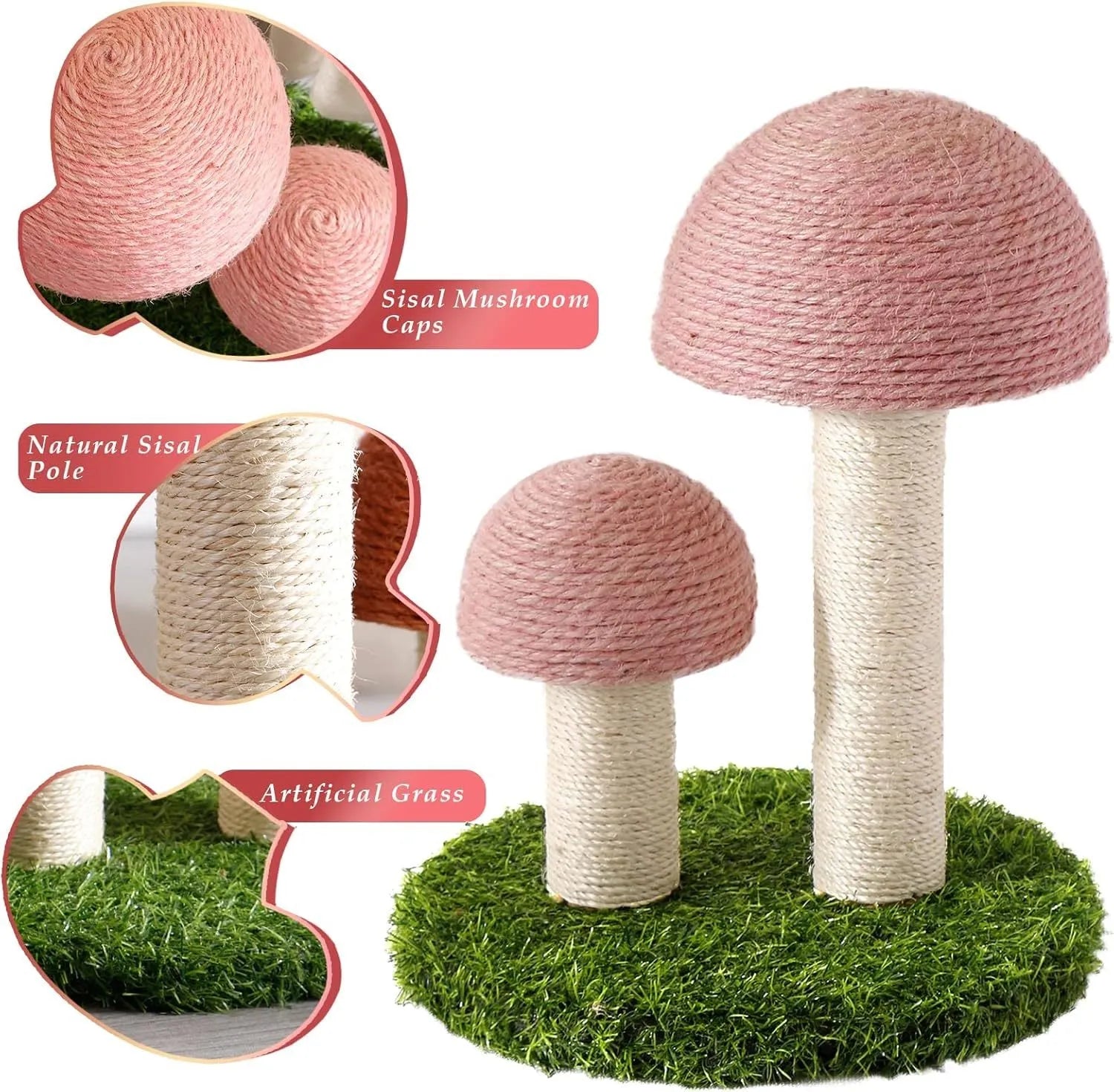 Pink mushroom cat scratching post with natural sisal pole for kittens
