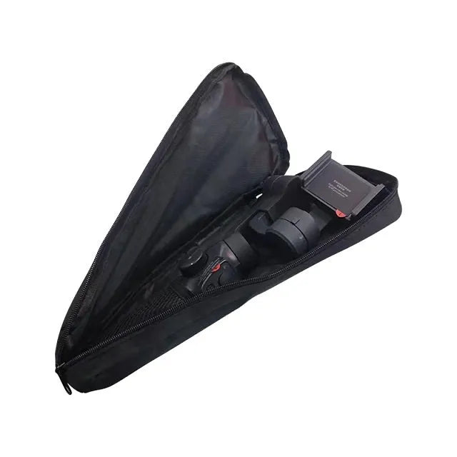 Black cloth storage bag for mobile phone stabilizer accessories with gimbal components inside