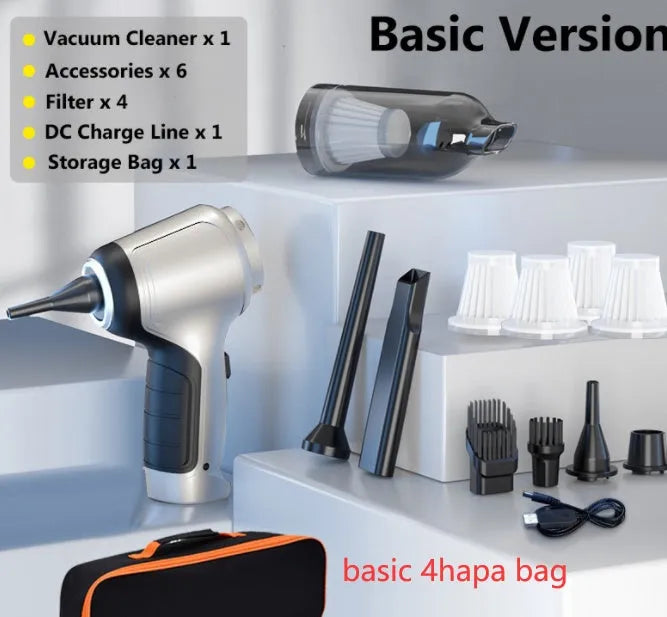 Handheld and vertical car mounted brushless inflatable vacuum cleaner with EVA bag.
