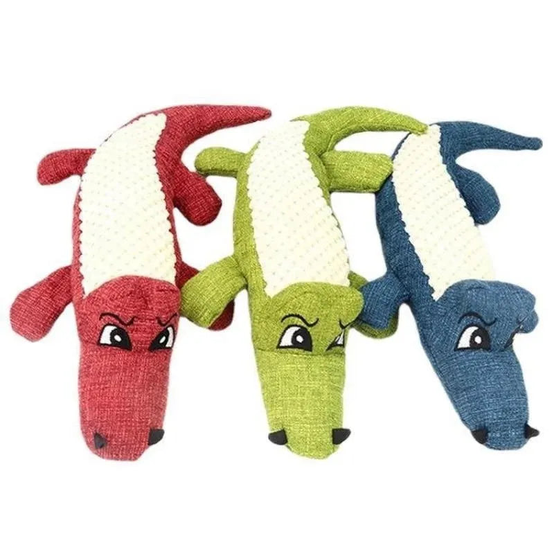 Corn grid textured plush pet toy in blue, green and red colours with biting sound feature