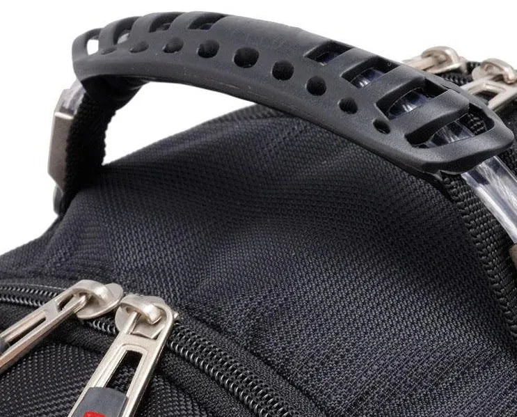 Black business laptop backpack open to show three internal compartments and laptop sleeve