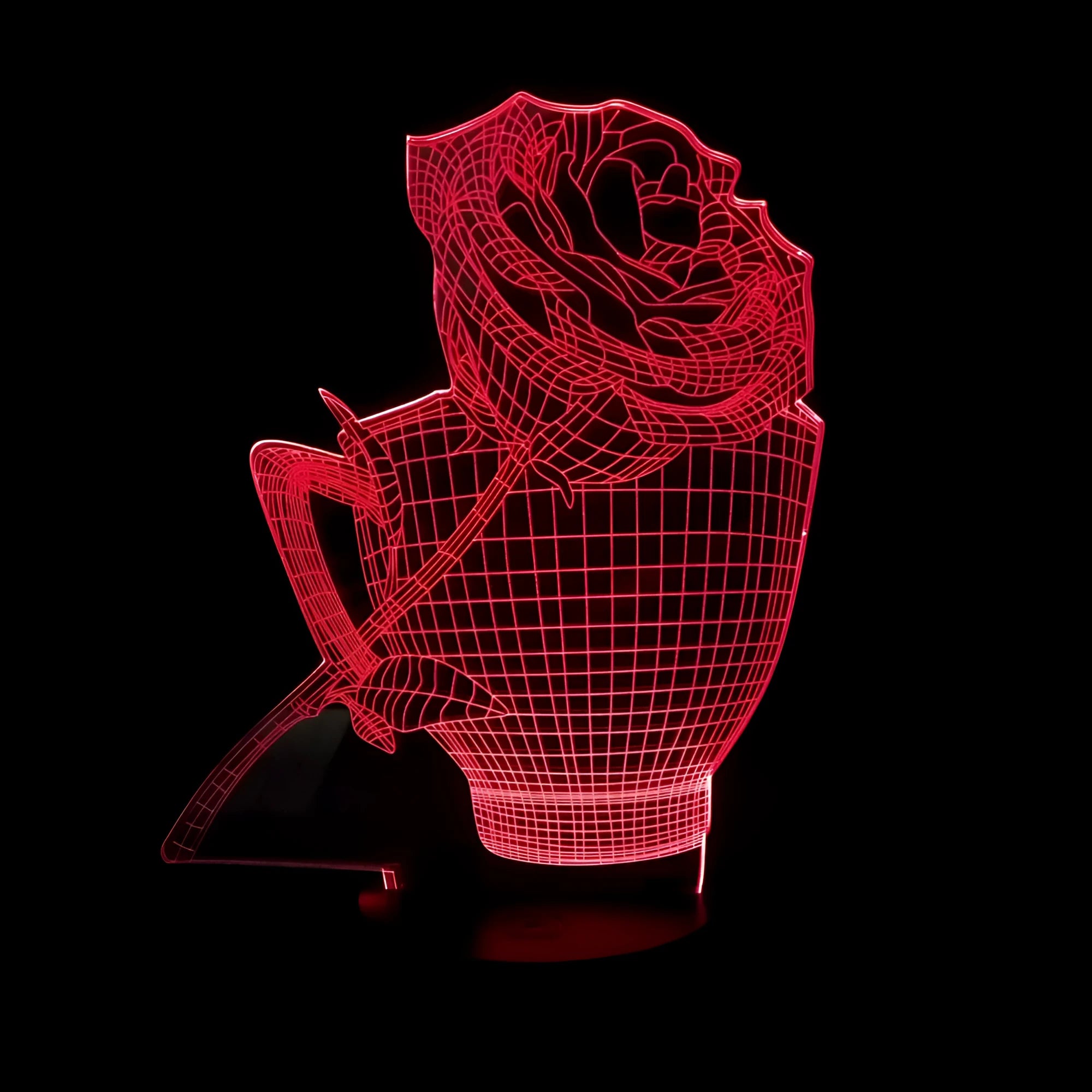 3D rose flower night light with acrylic design and ABS base showing colour changing options