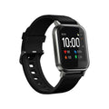 Black waterproof smart bracelet with 1.4-inch screen showing heart rate data on silicone strap.