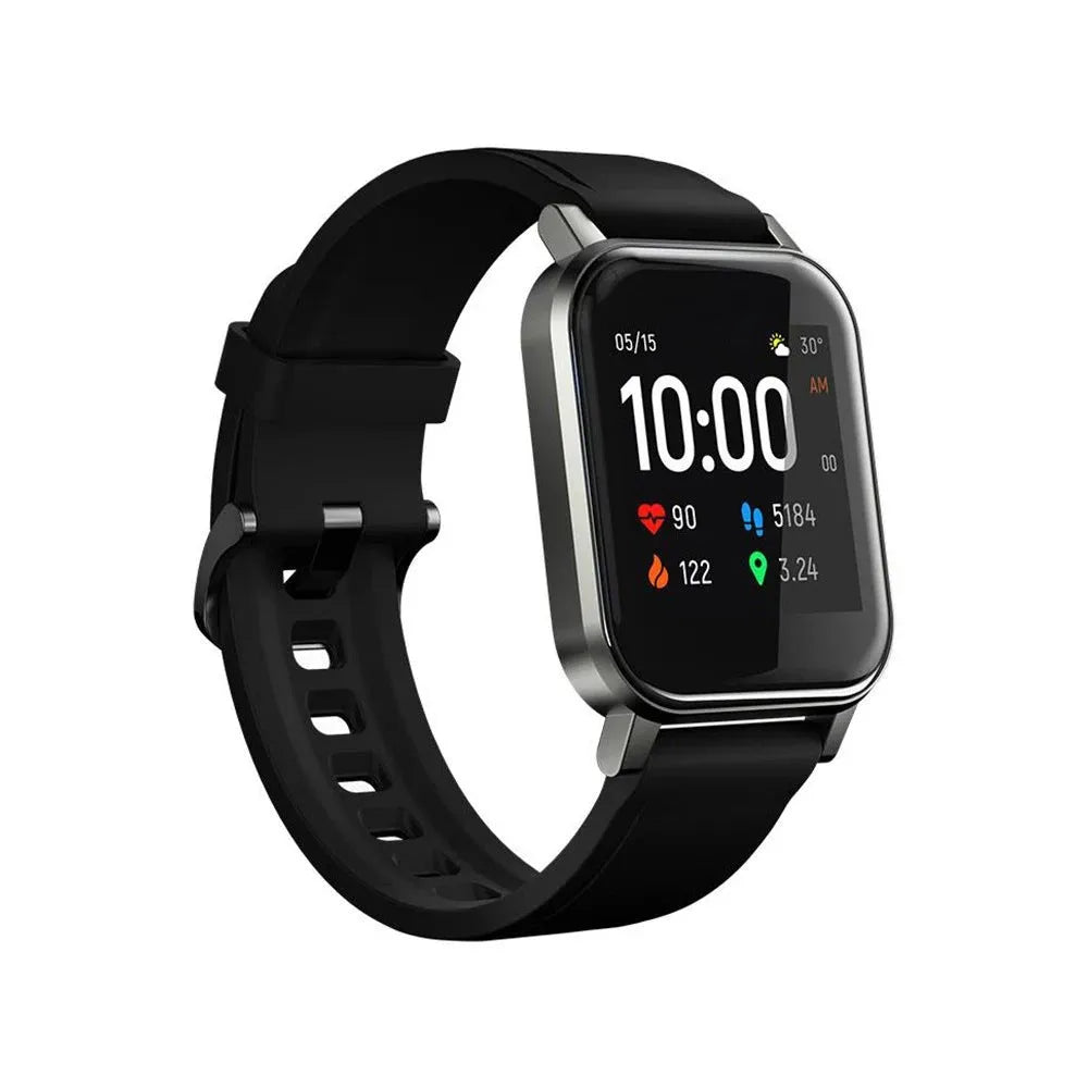 Black waterproof smart bracelet with 1.4-inch screen showing heart rate data on silicone strap.