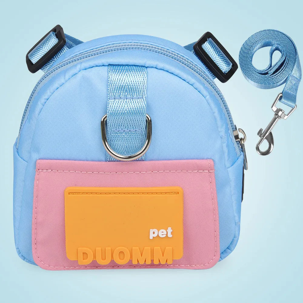 Blue adjustable dog backpack with harness and storage compartments for travel