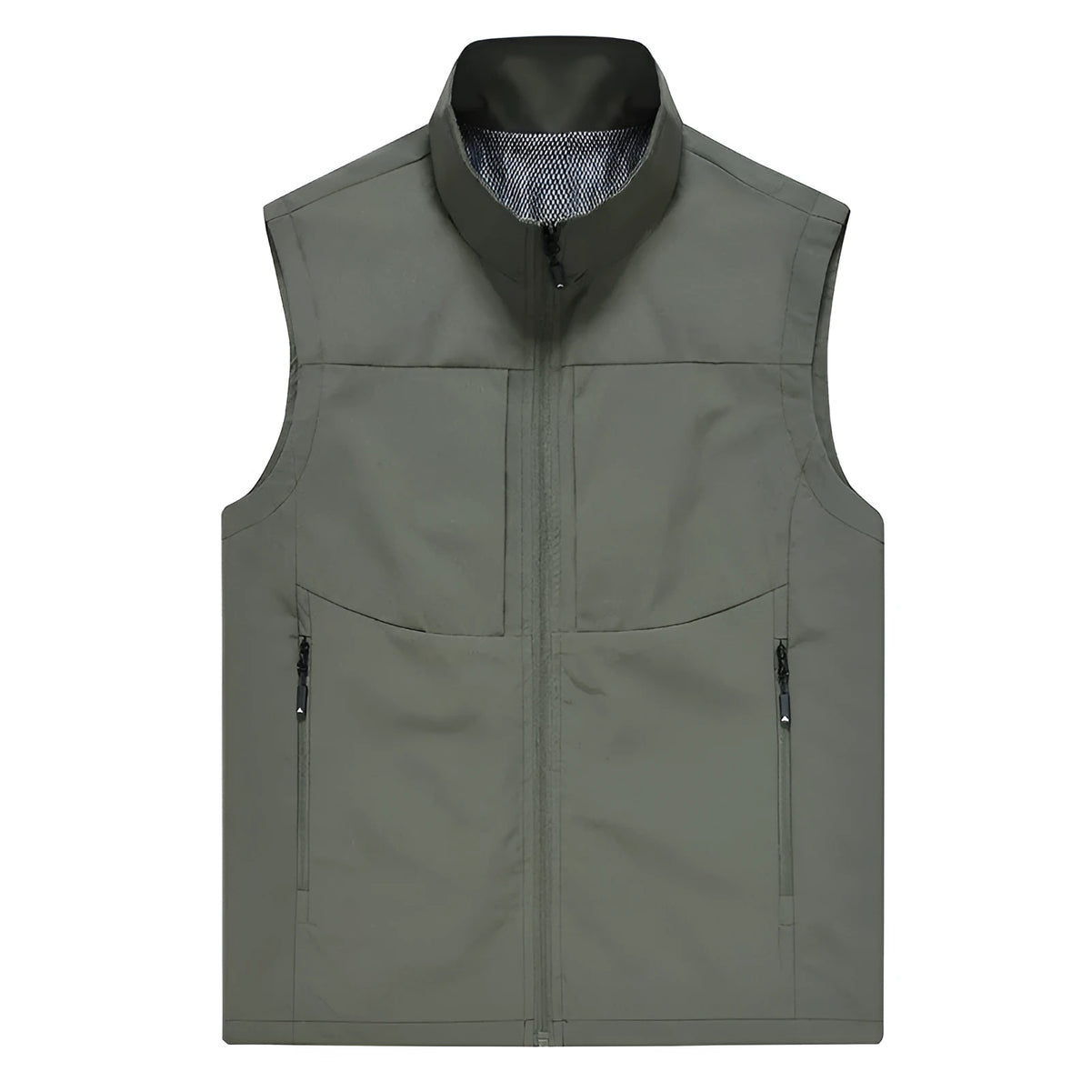 Man wearing a khaki stand collar cardigan vest with zipper pockets outdoors.
