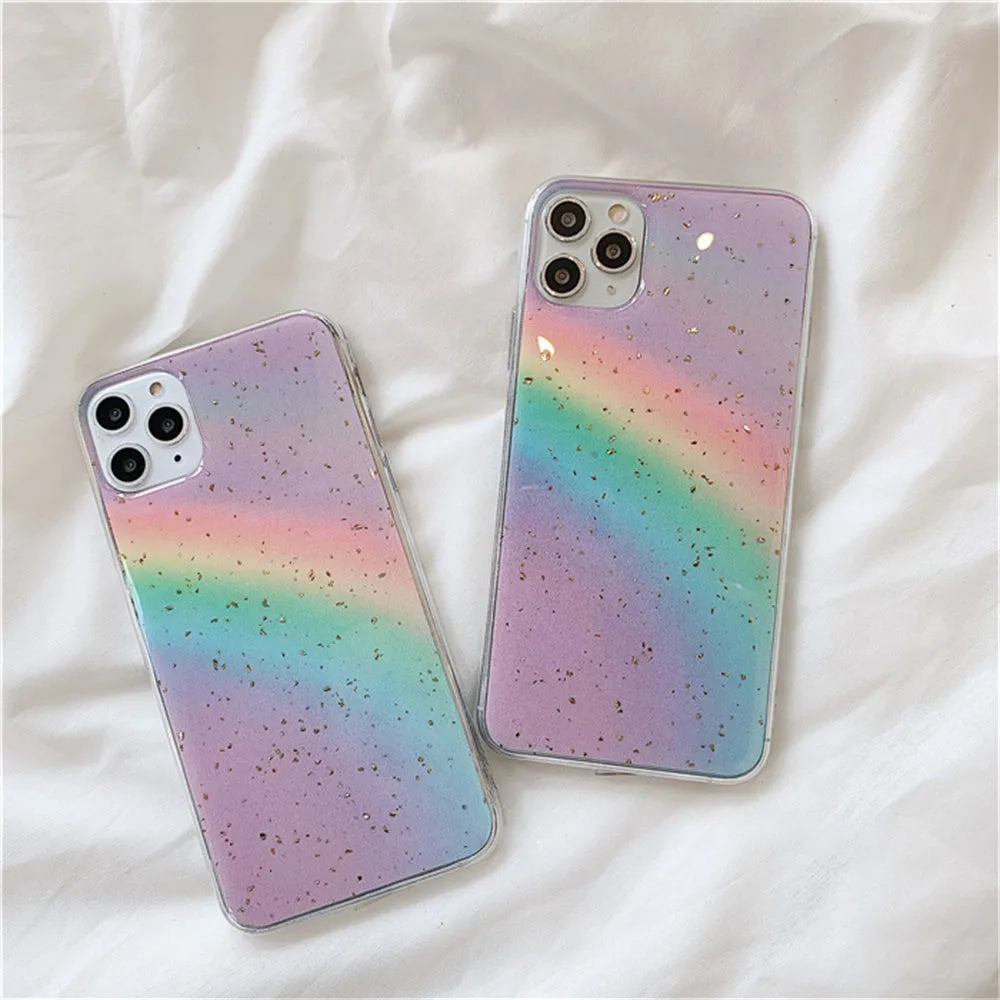 Rainbow colour gradient stripe pattern on a flexible TPU protective case for an iPhone.