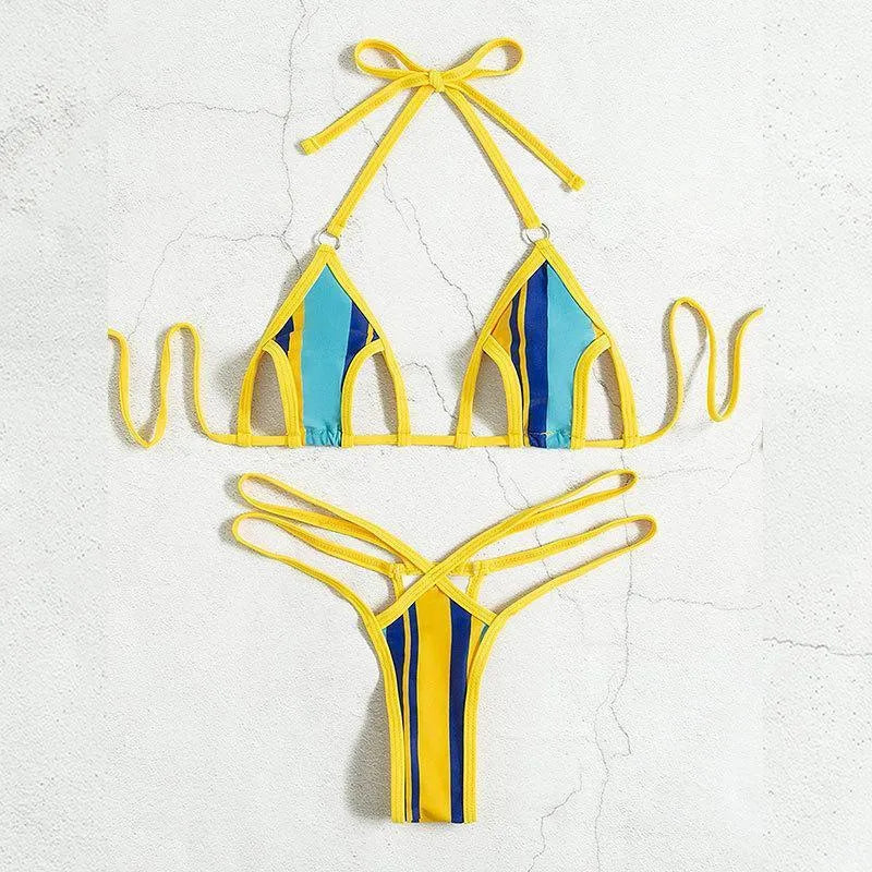 Yellow women's split swimsuit with neck-hanging style, high waist, and backless hollow design