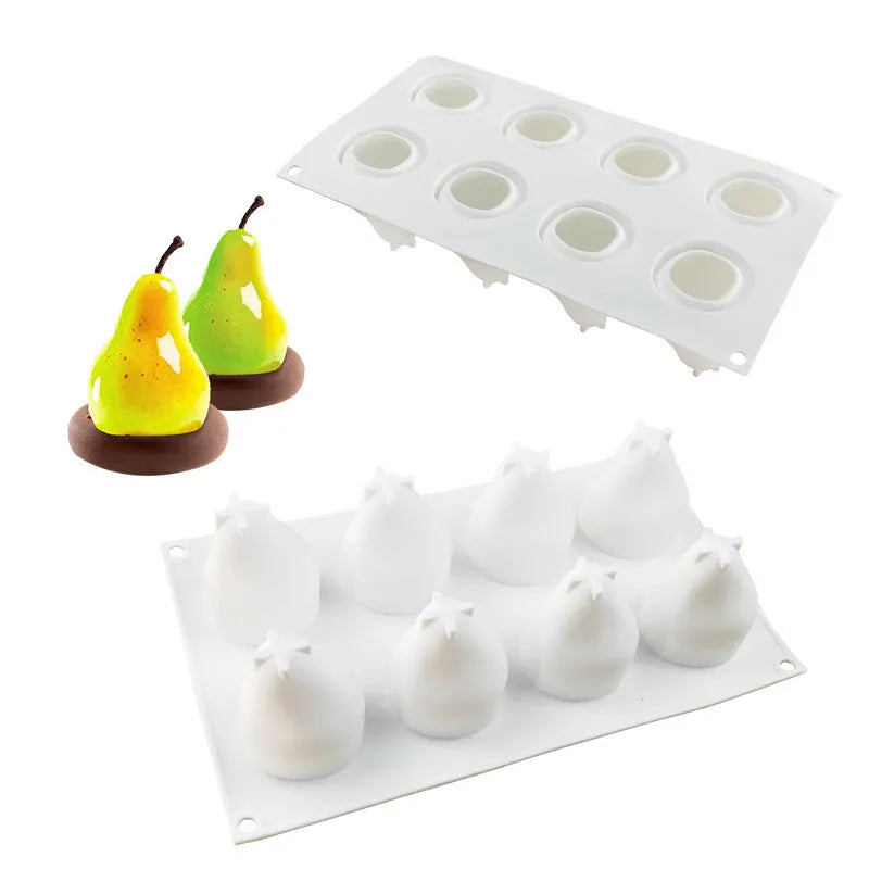 Set of six silicone baking moulds showing pineapple, pine cone and pear shapes for dessert making