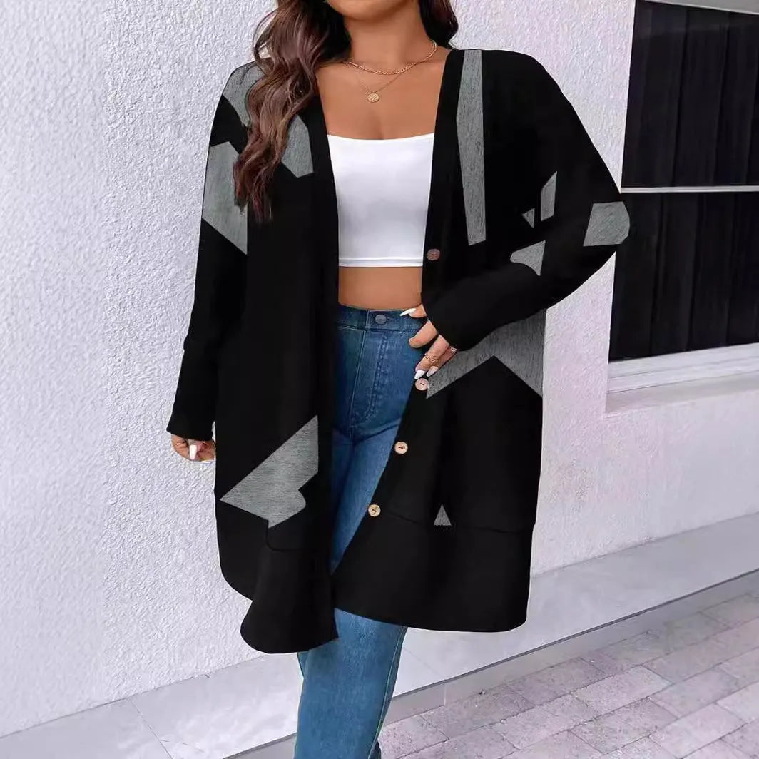Black loose fit women's cardigan coat with button front in Japanese Korean casual style