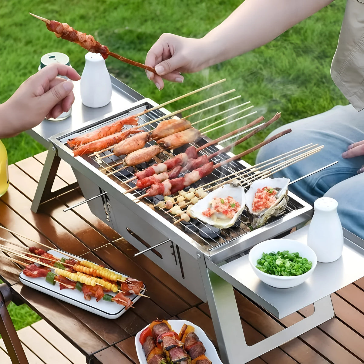 Small foldable steel charcoal grill shown in open cooking position and folded for storage.