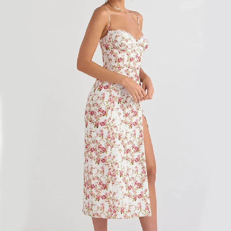Blue lace floral print long dress with suspender straps and a thigh-high slit