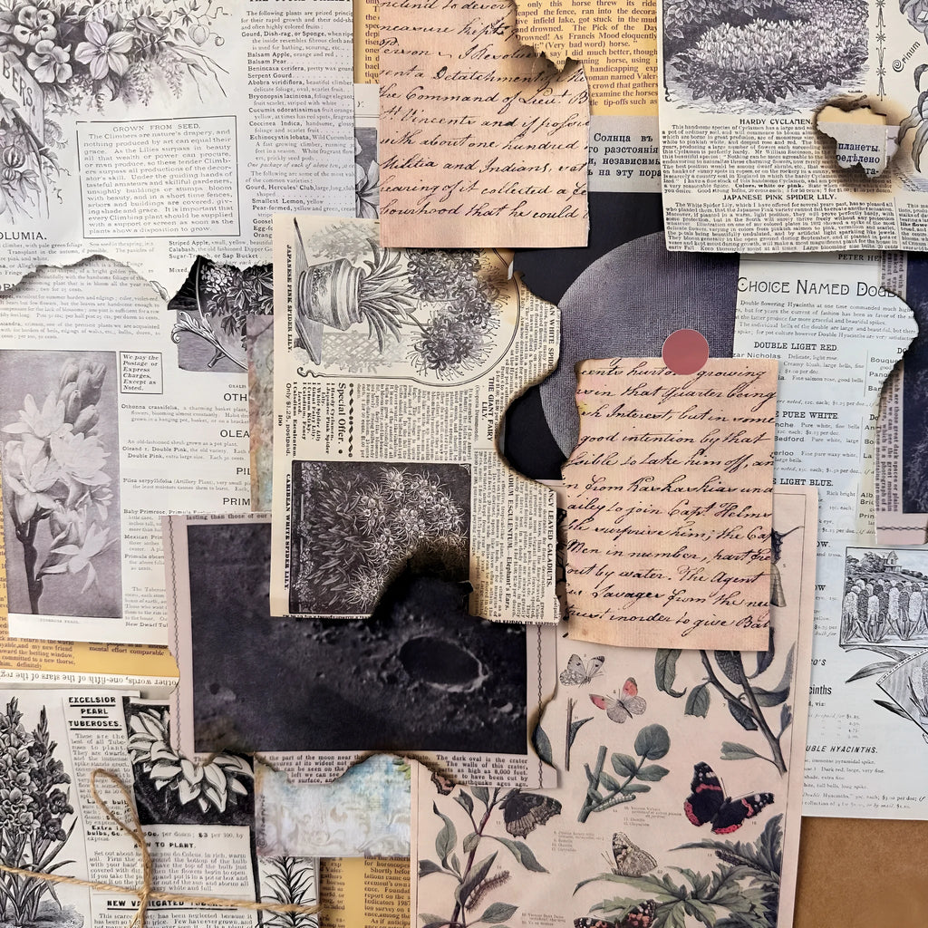 30-piece retro scrapbook paper set showing floral, botanical, musical, and handwritten letter designs for diary decoration