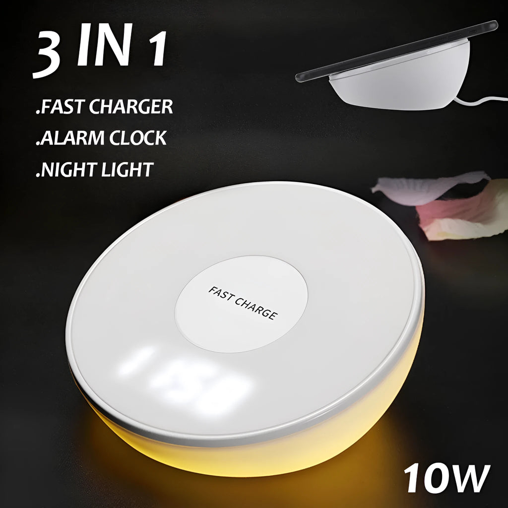 White wireless charging pad with digital clock display and control buttons