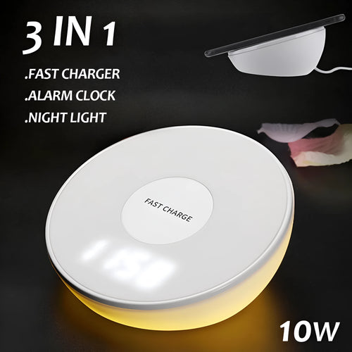 White wireless charging pad with digital clock display and control buttons