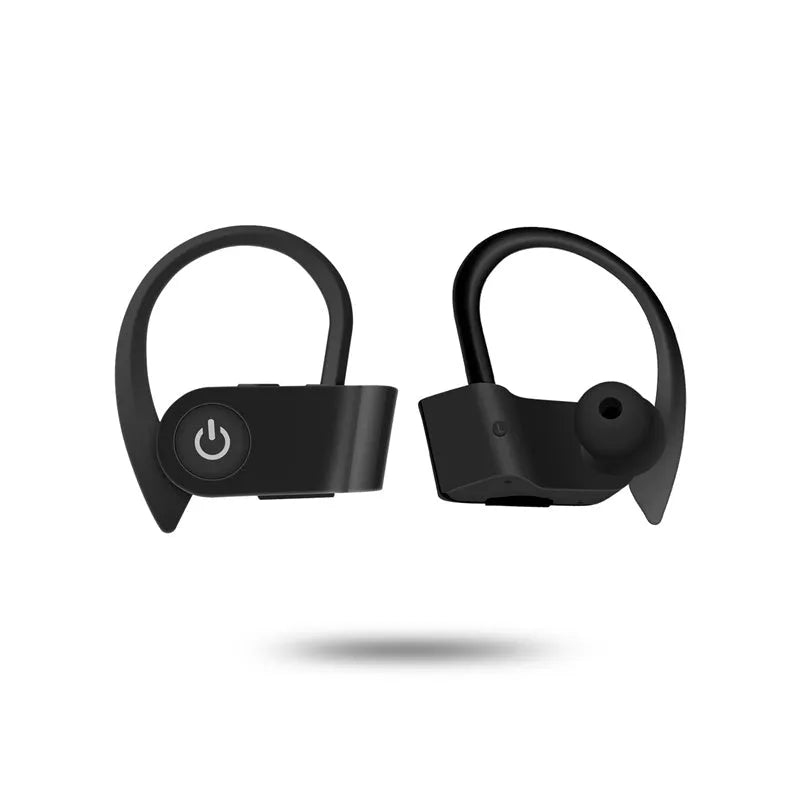 Black wireless Bluetooth earphones with ergonomic design shown with a charging case.