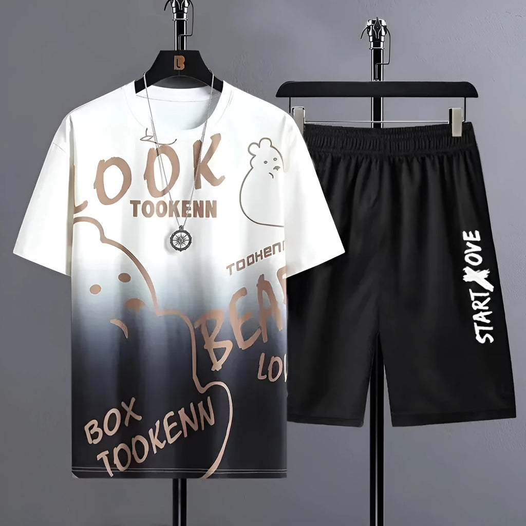 Men's light blue ice silk short sleeve T-shirt and matching shorts summer suit set laid flat.