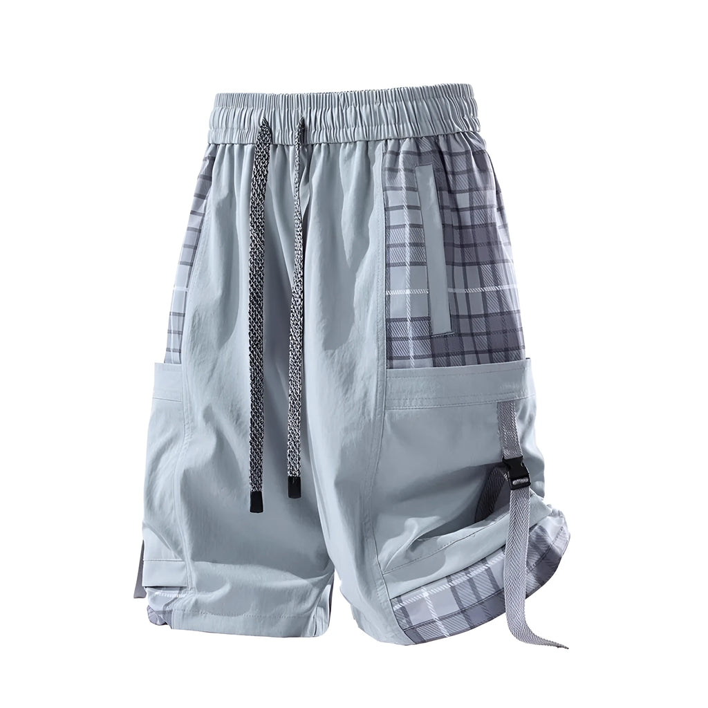Men's loose cargo shorts with plaid stitching design in polyester micro-elastic fabric available in three colours