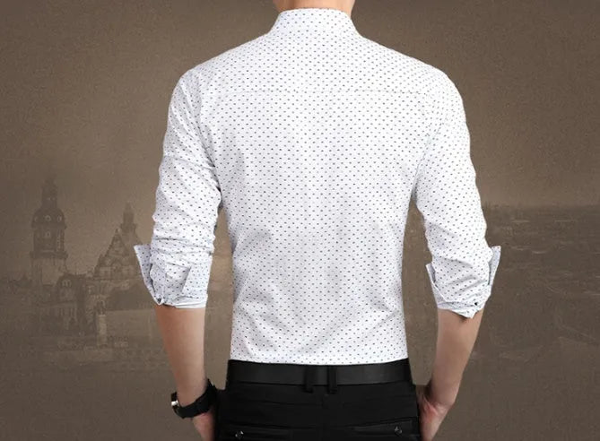 Men's long sleeve polka dot shirt in navy blue, slim fit, sizes M-5XL, with shoulder and bust measurements shown.