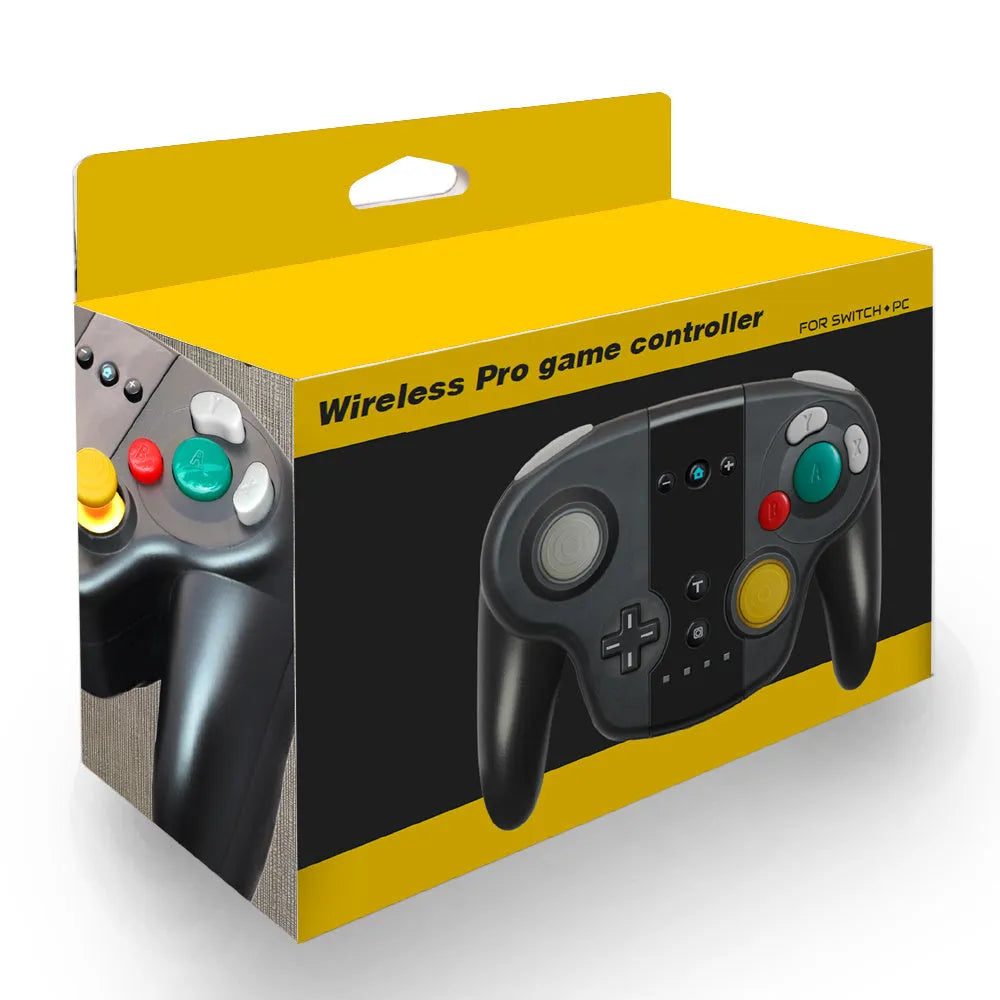 Black wireless gamepad with NFC and gyroscope for Switch and Windows PC showing Type-C port and buttons