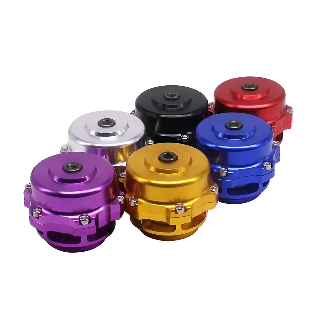 Aluminium alloy automotive blowoff valve in 50mm universal size, shown in one of six colour options.