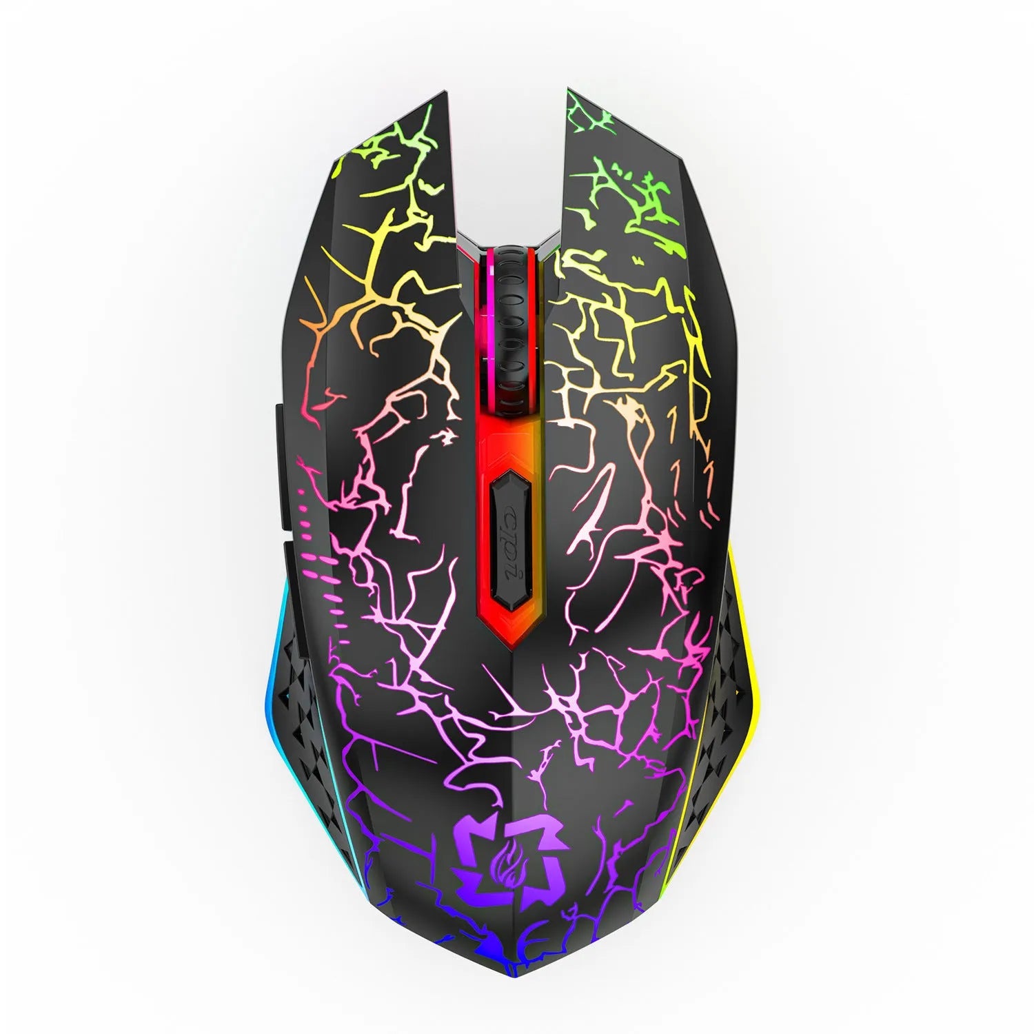 Black and white wireless gaming mouse with RGB lighting on mouse wheel