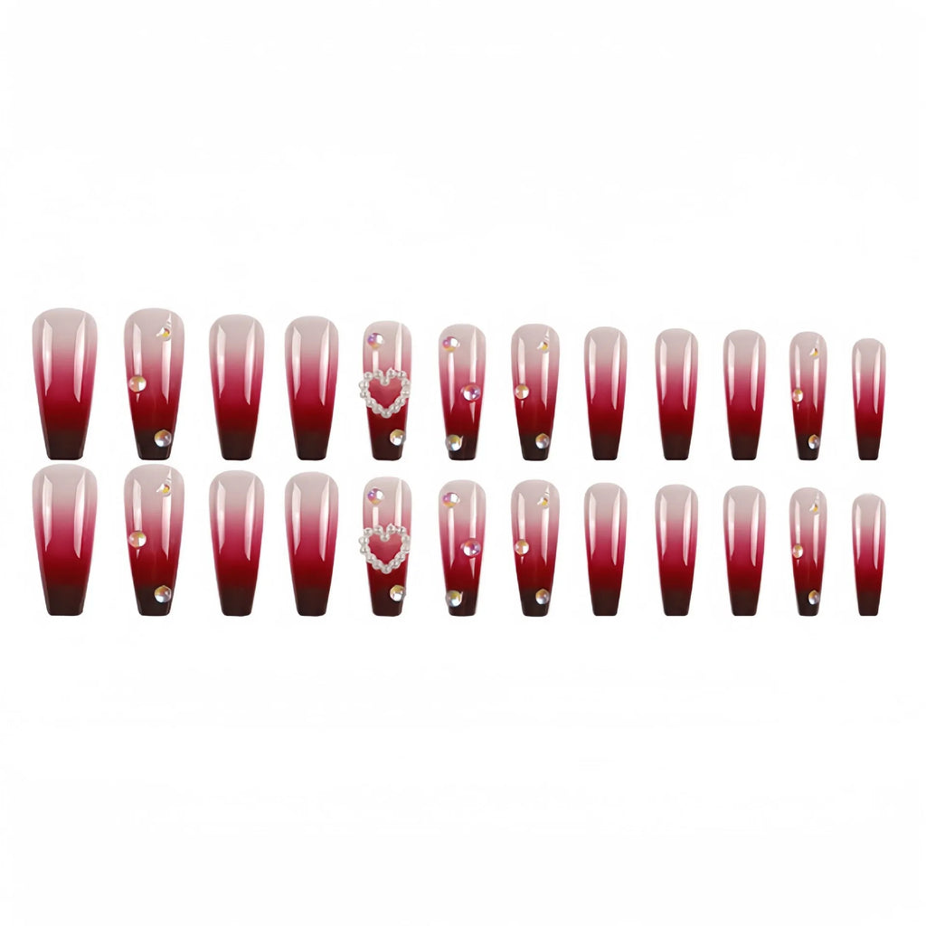 Wine red gradient false nail tips with heart pearl design and plaid pattern