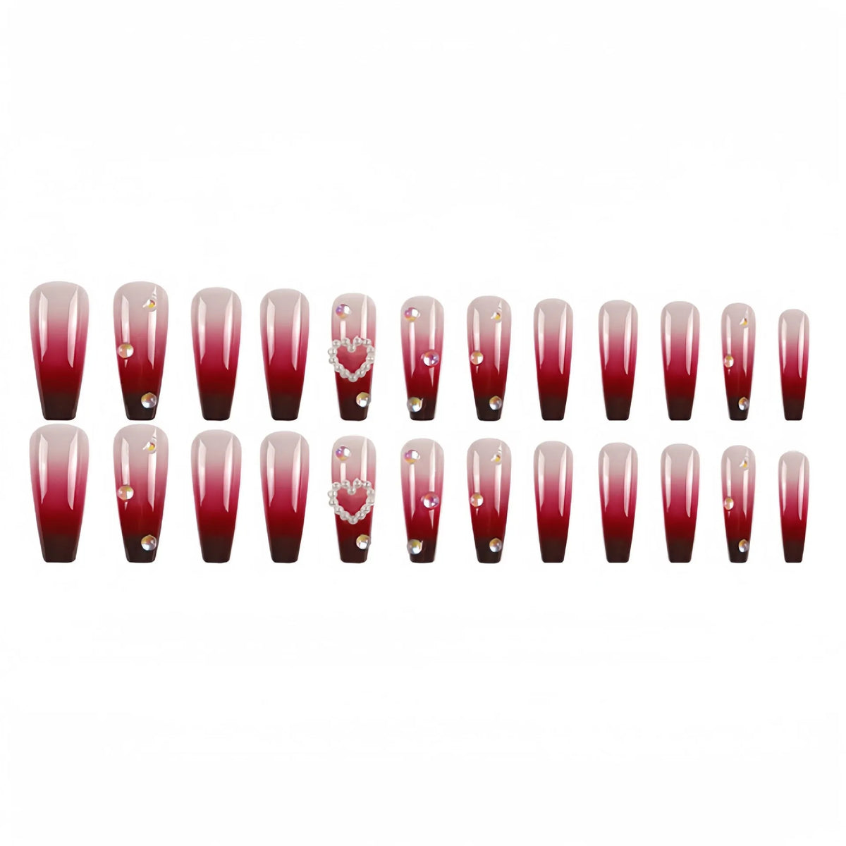 Wine red gradient false nail tips with heart pearl design and plaid pattern