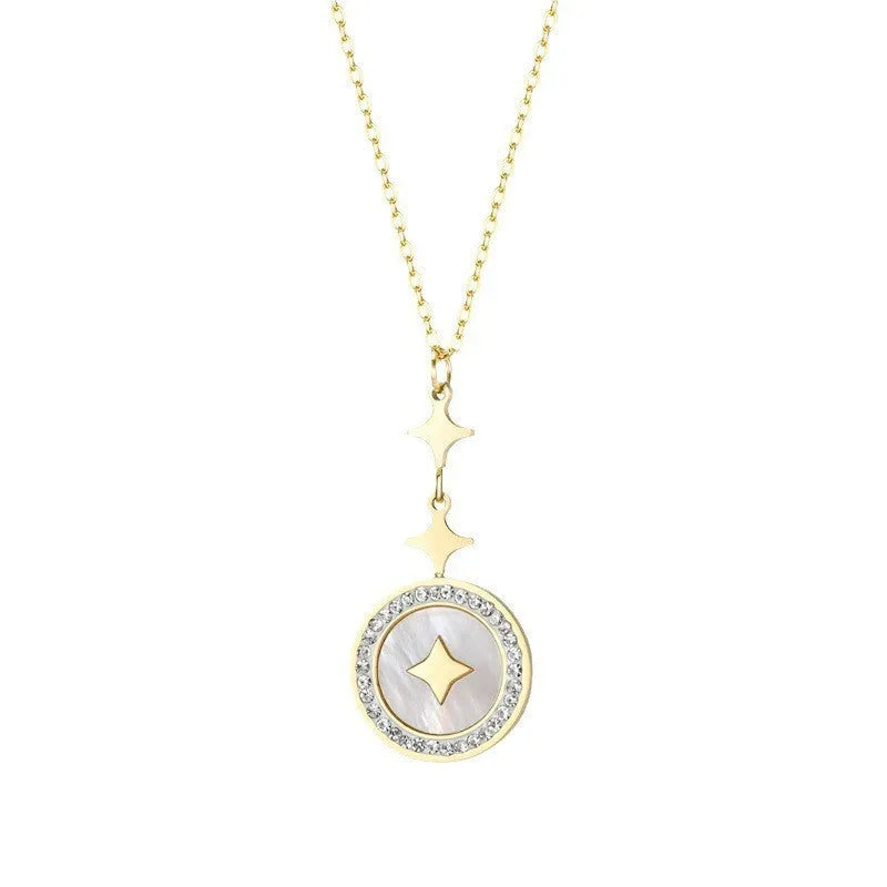 Gold titanium steel necklace with six-pointed star pendant and diamond accents on 42cm chain