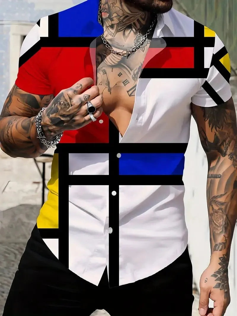 Men's slim-fit short sleeve shirt with geometric line pattern on lapel, in a selection of colours.