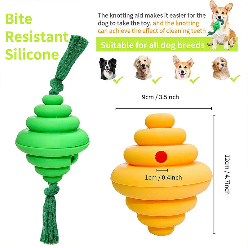 Green and yellow silicone dog ball with knotted rope, a treat-dispensing toy for large dogs.