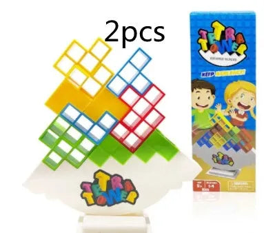 Plastic balance stacking board game with 16 colourful blocks on chassis and base