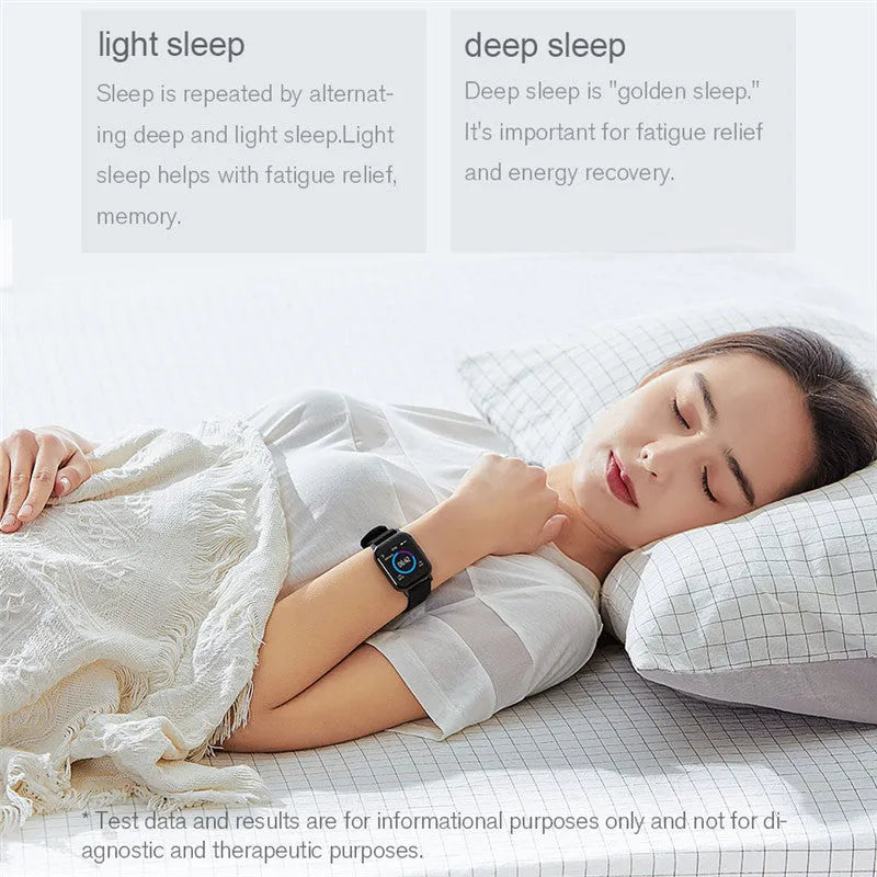 Black waterproof smart bracelet with 1.4-inch screen showing heart rate data on silicone strap.