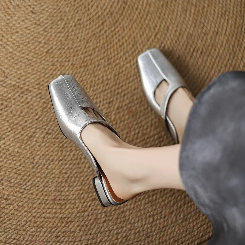 British style square toe outdoor slippers in black with artificial PU upper and rubber sole